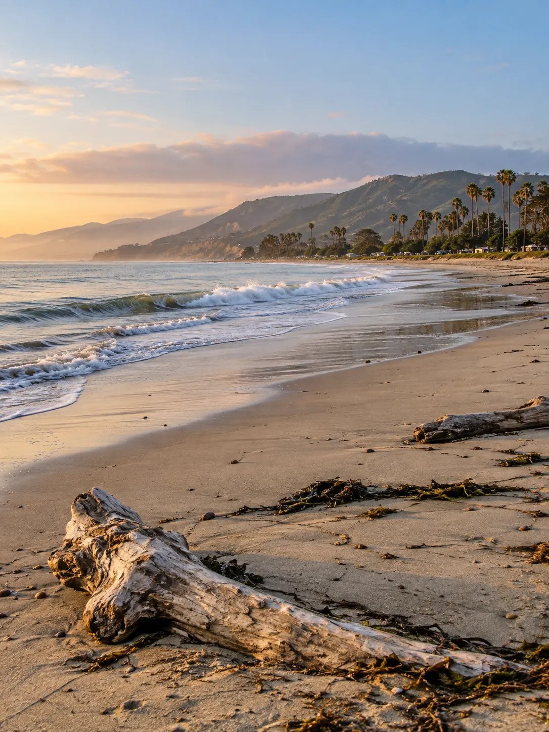 Carpinteria beach at golden hour, with driftwood on the sand, palms, and the mountains.