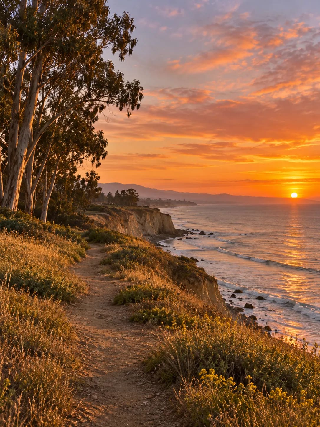 A Goleta bluff trail at sunset above the Pacific, looking toward the Santa Barbara coastline.