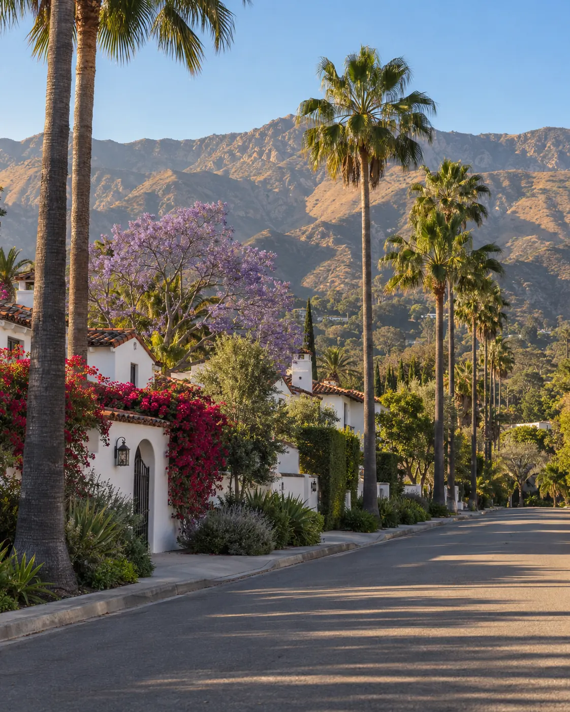 A Santa Barbara street of white Spanish-colonial houses, palms, and the Santa Ynez Mountains.